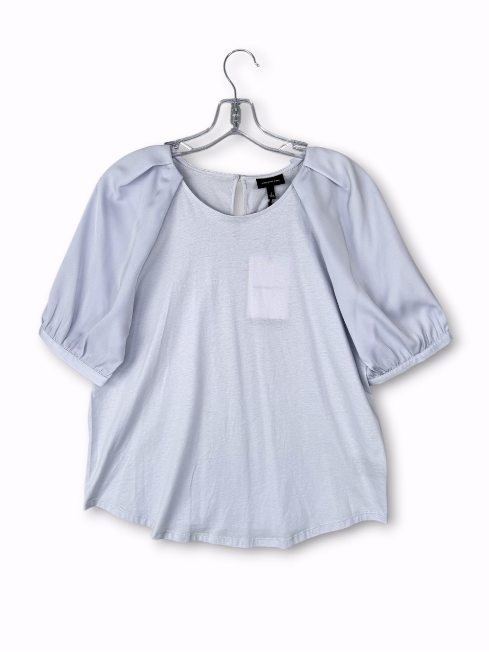 Who What Wear Mixed Media Puff Sleeve Top Light Blue S Business Casual Office
